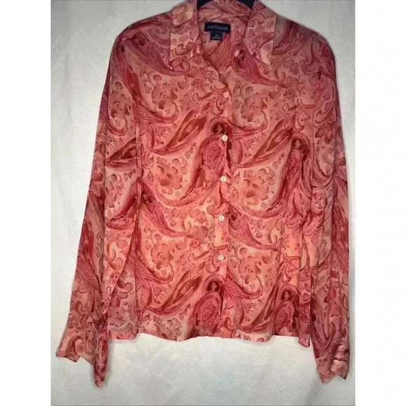 Vintage Ann Taylor sheer Pink Long‎ sleeve silk button-up blouse size 8 - Picture 1 of 12